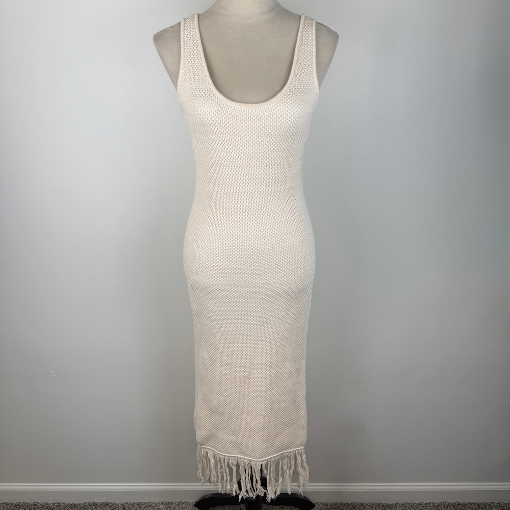 Future Collective Alani Noelle Cream Knit Fringe Midi Dress Boho Creamy Sz Small